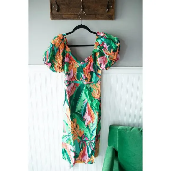 FARM Rio Multicolor Banana Foliage Puff Sleeve Midi Dress XS NEW - Picture 2 of 5